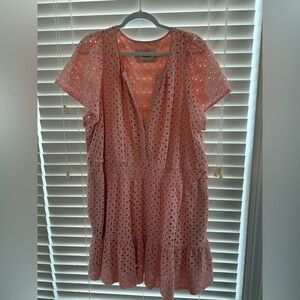 Elegant Coral Eyelet Midi Dress